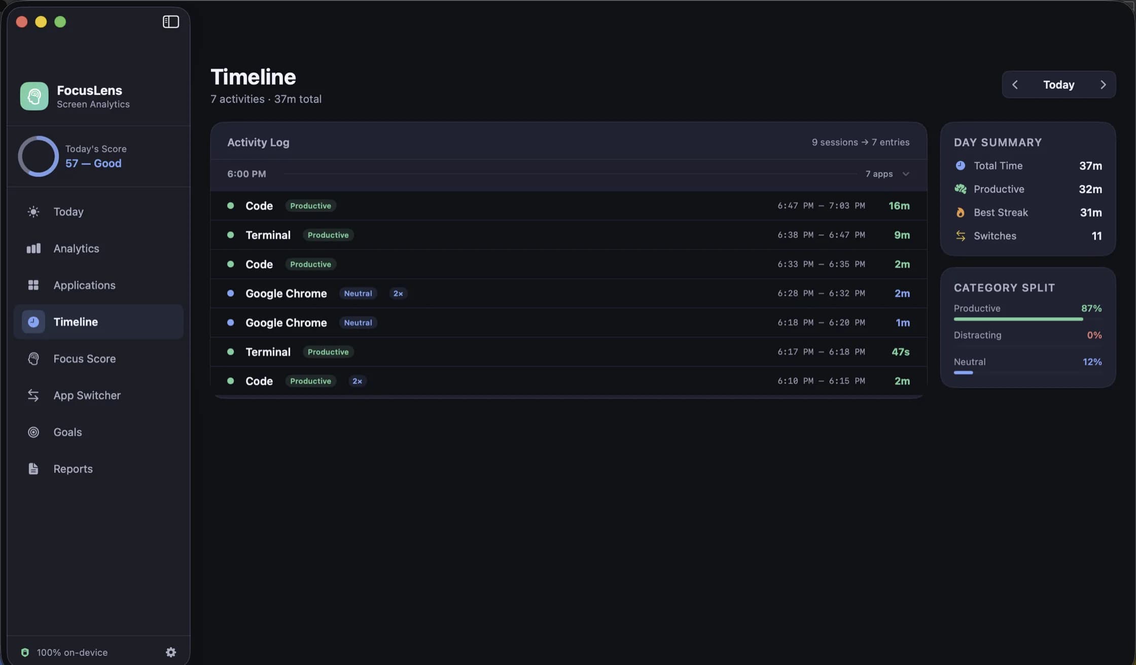 The Timeline: an activity log of seven entries with app name, category badge, start and end times and duration, beside a day summary and category split panel.