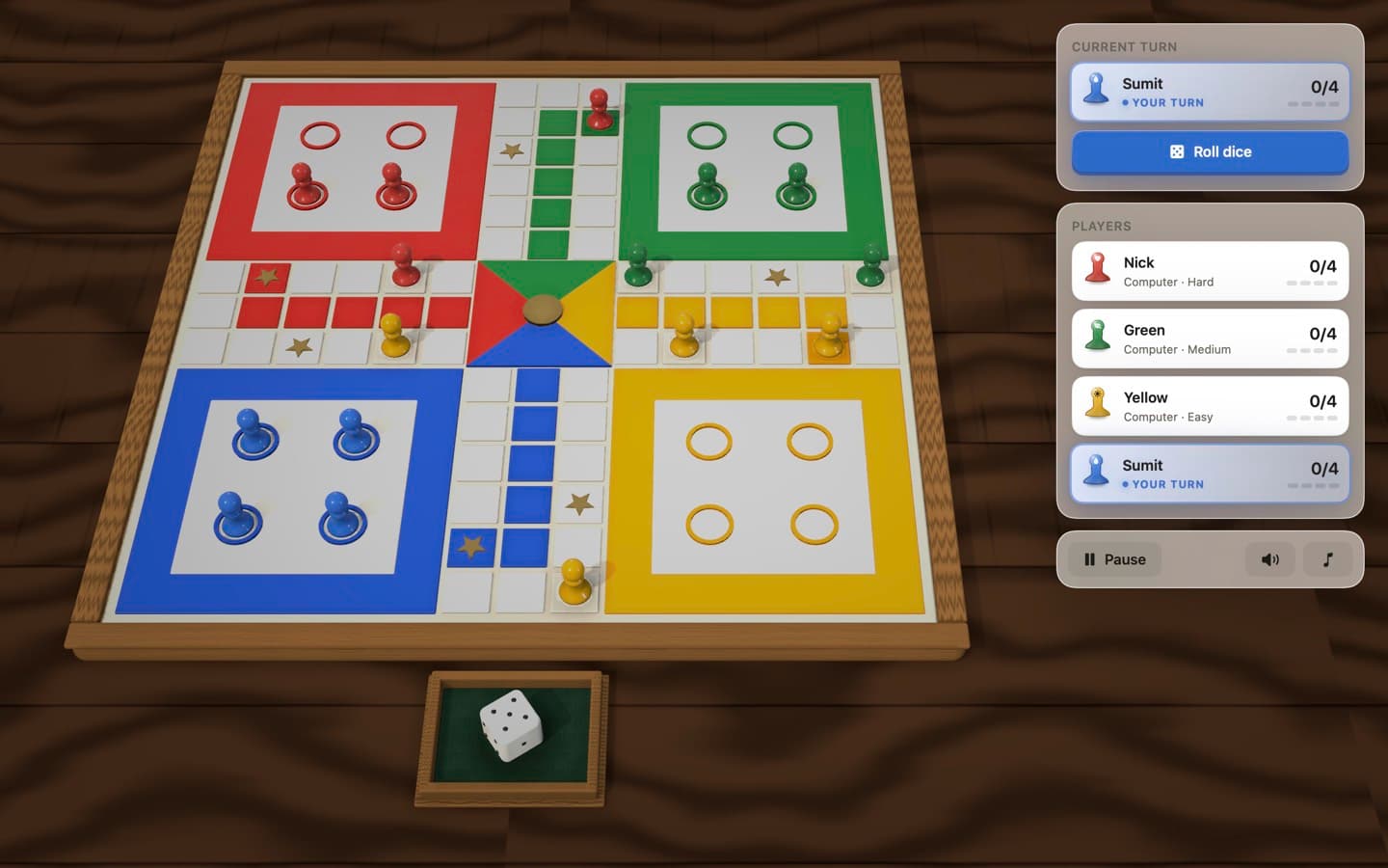 A game underway: all four colours on a rendered wooden board, with the player panel down the side and a die in its felt tray.