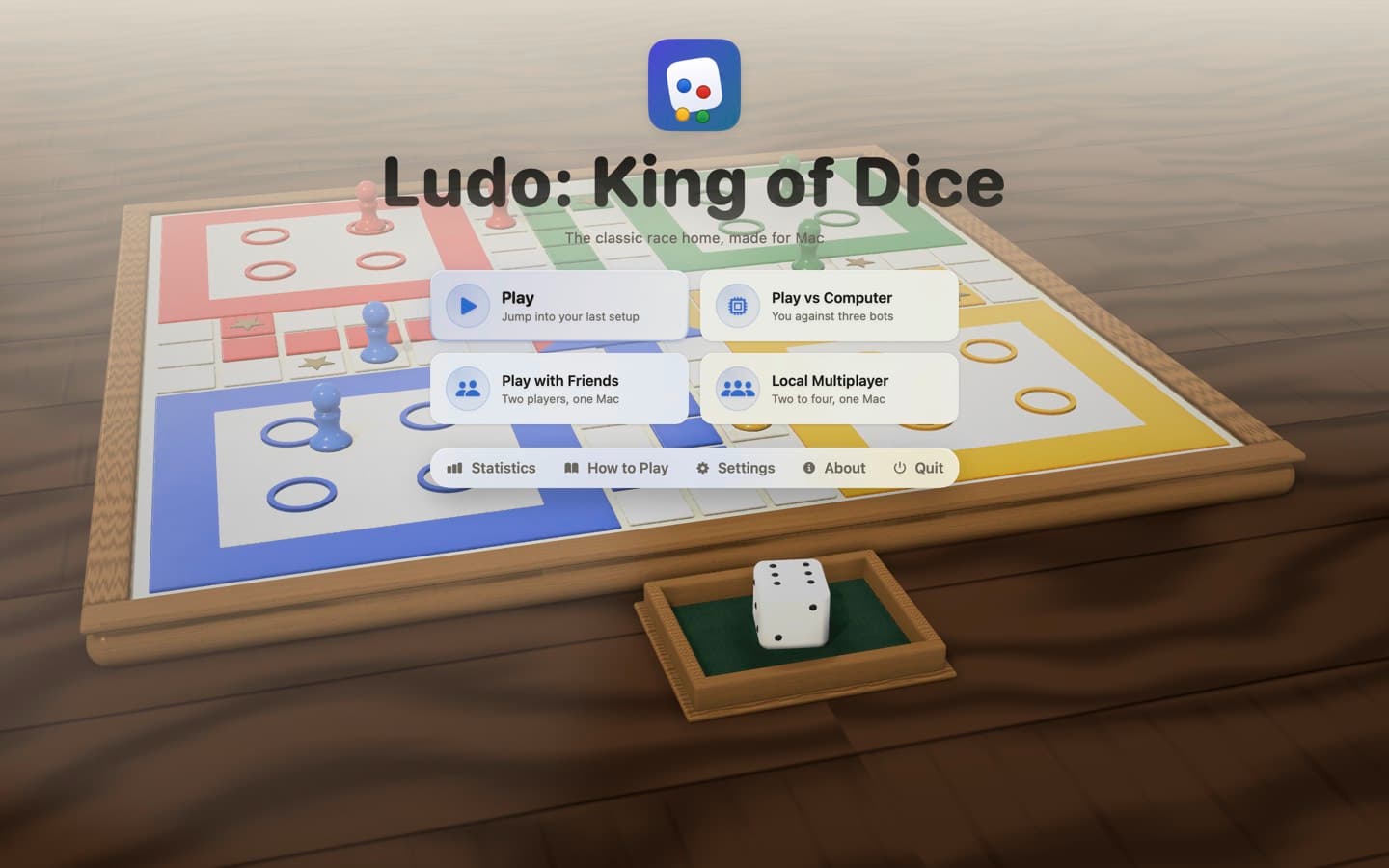 The main menu — Play vs Computer, Play with Friends, Statistics, How to Play and Settings — floating over the board.