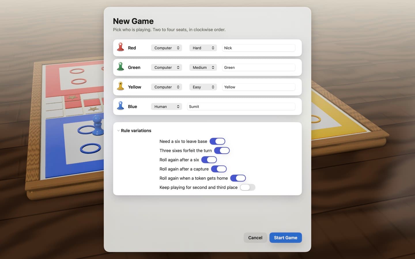 The New Game screen: four seats with names and difficulty, and the rule variations expanded.