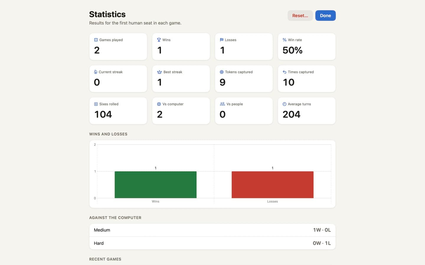 The Statistics screen showing games played, win rate, streaks and per-difficulty records.