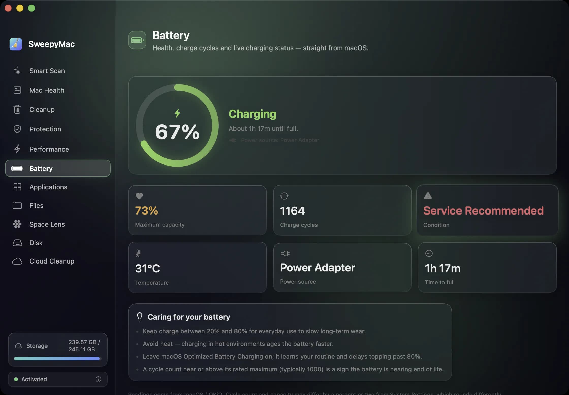 Battery: 67 percent and charging, with maximum capacity 73 percent, 1164 charge cycles, a red “Service Recommended” condition, temperature and time to full, above battery care tips.
