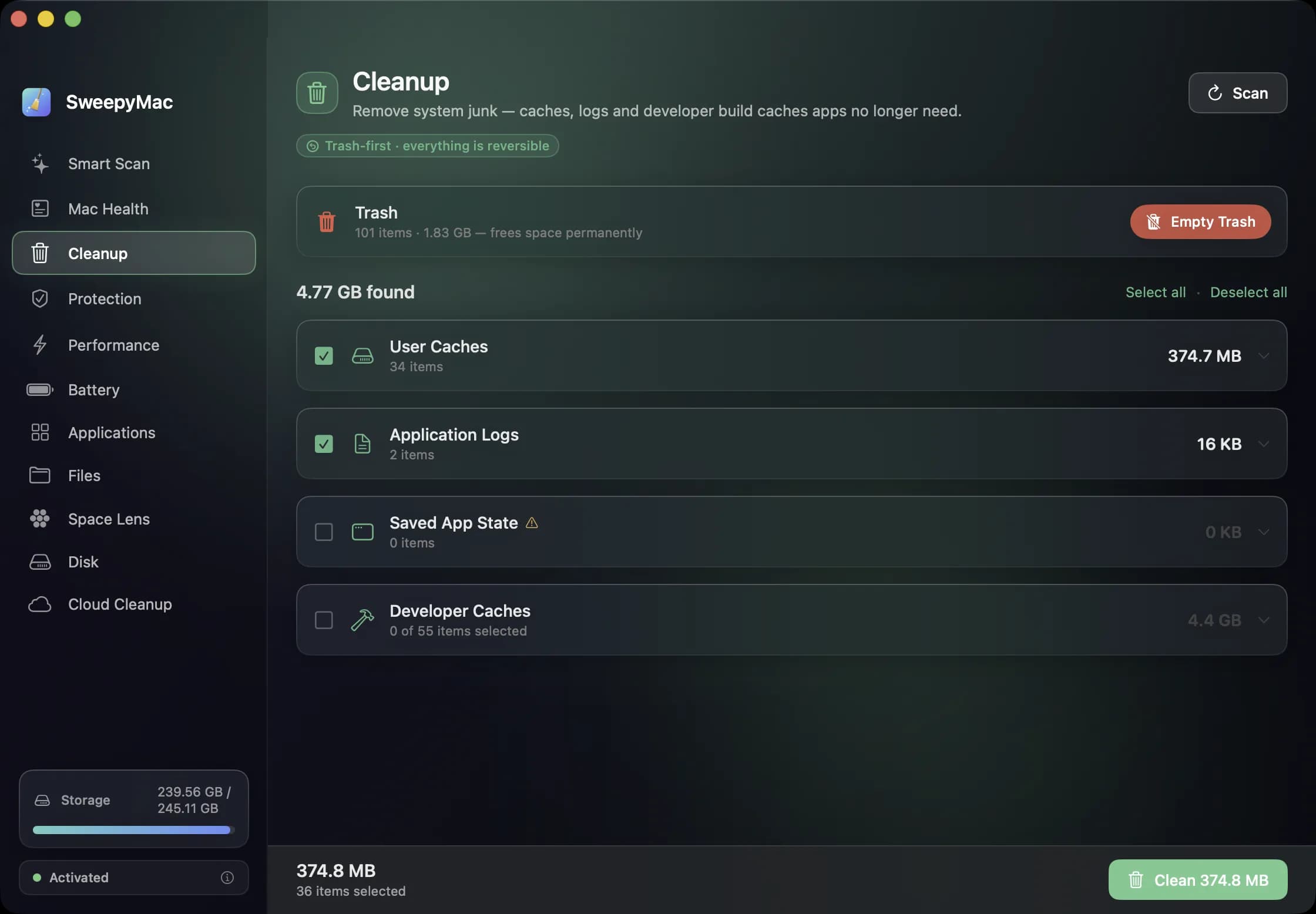 Cleanup listing the Trash, user caches, application logs, saved app state and developer caches with their sizes, under a badge reading “Trash-first · everything is reversible”.