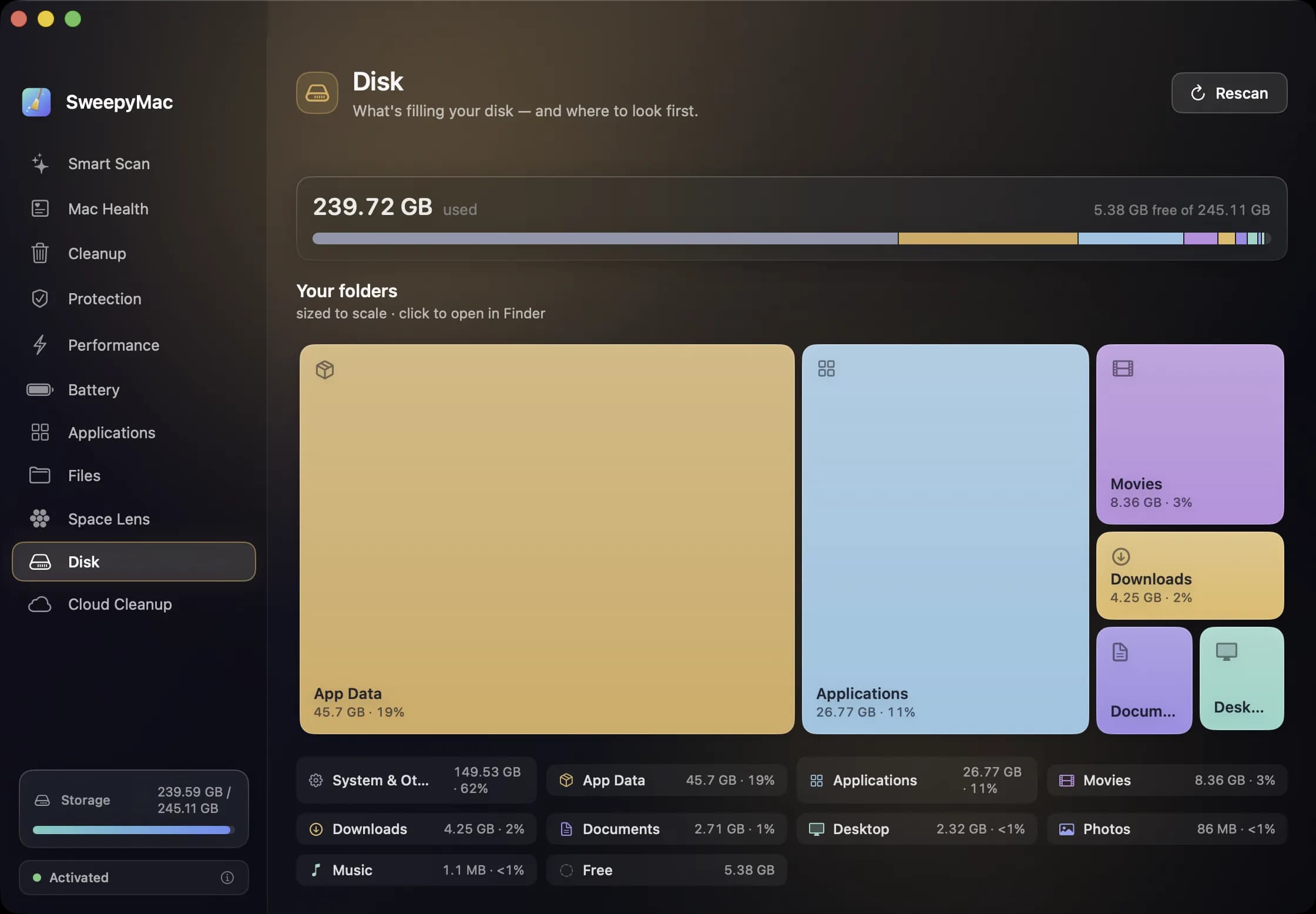 The Disk module: 239.72 GB used of 245.11 GB, a stacked bar of the split, folders drawn to scale as tiles, and a table of every category with its size and percentage.