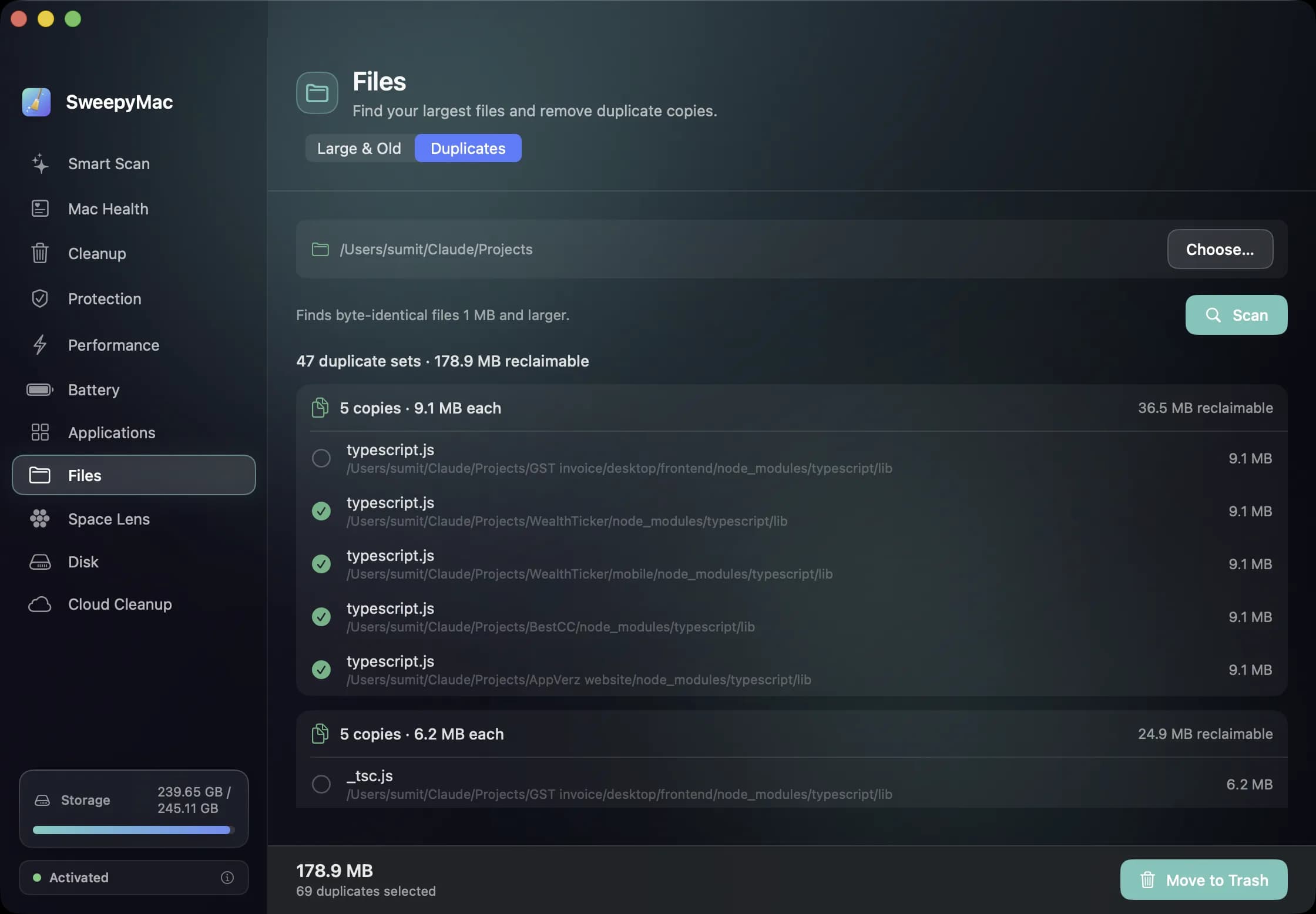 The Files module's Duplicates tab: 47 duplicate sets totalling 178.9 MB reclaimable, one set showing five byte-identical copies of the same file across different projects, with the first copy left unticked.