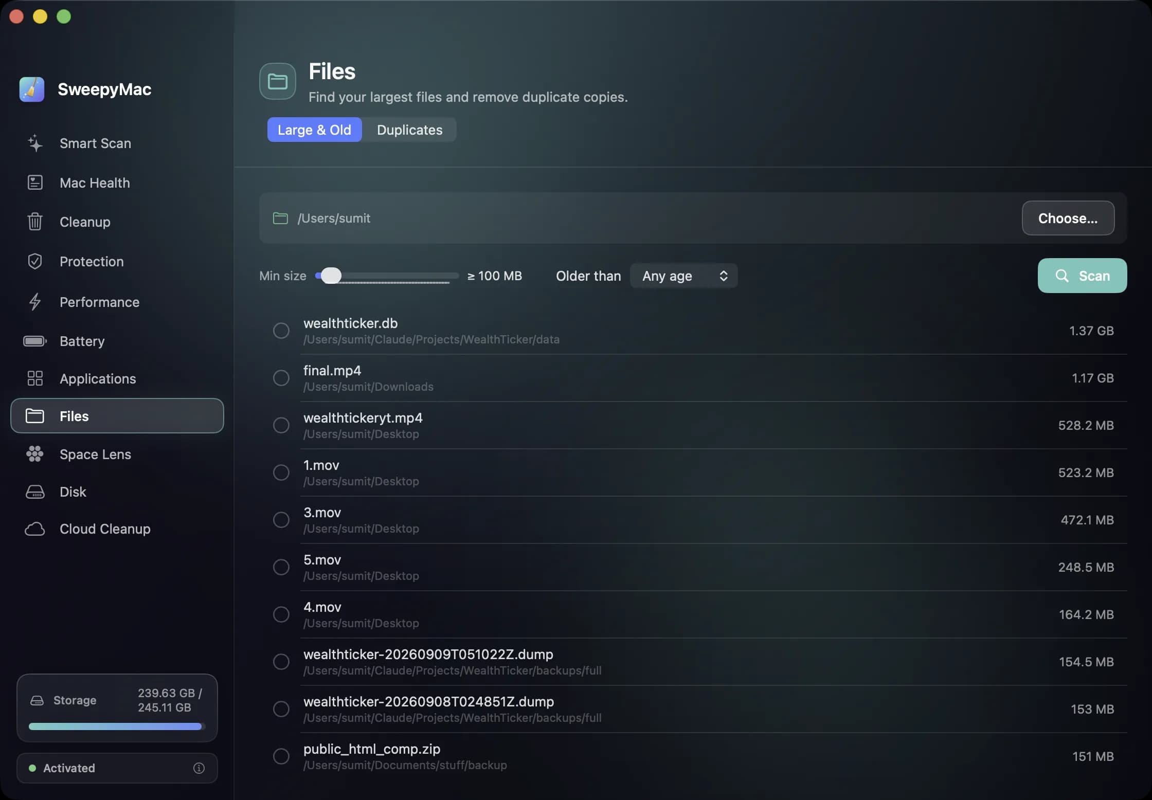 The Files module's Large & Old tab: a chosen folder, a minimum size of 100 MB and an age filter, over a list of the biggest files found with their paths and sizes.