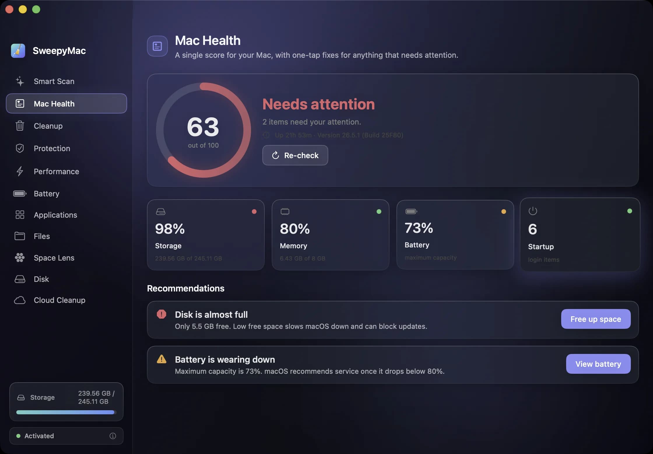 Mac Health showing a score of 63 out of 100 marked “Needs attention”, tiles for storage, memory, battery and startup items, and recommendations to free up space and check the battery.