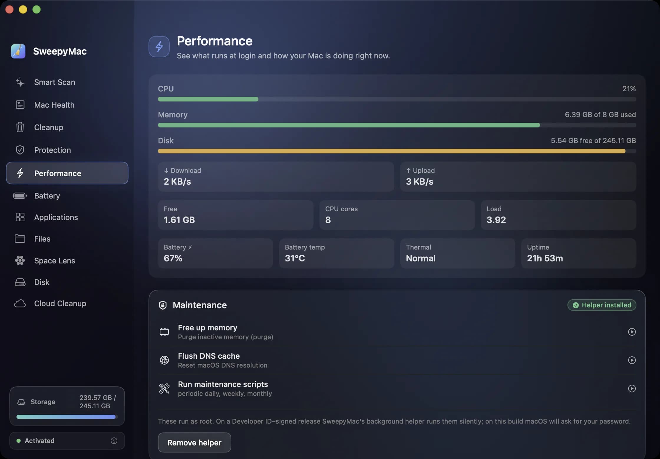 Performance: live CPU, memory and disk meters, network throughput, free space, cores, load, battery temperature, thermal state and uptime, above maintenance tasks and a “Helper installed” badge.