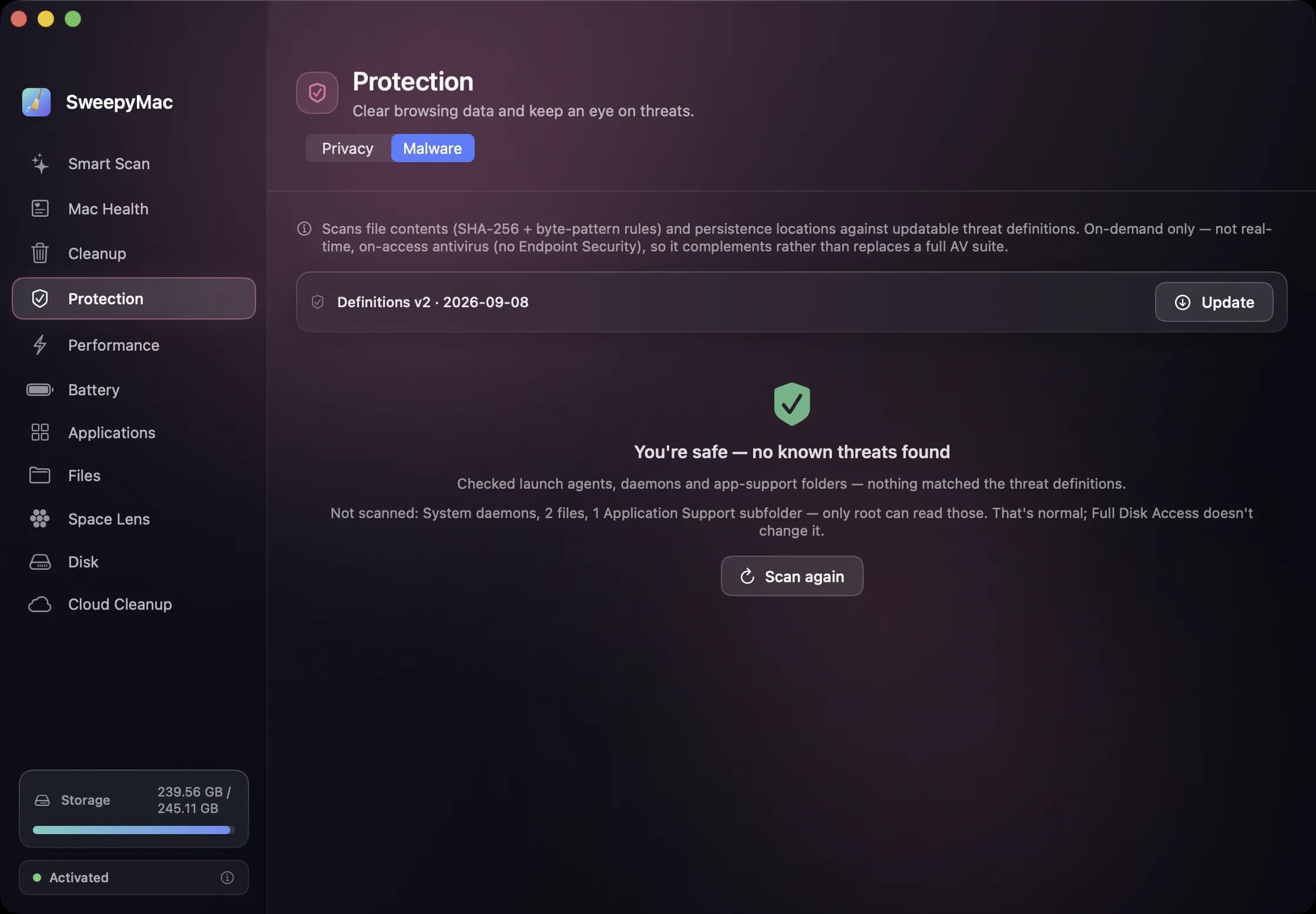 The Protection module's Malware tab: definitions v2 dated 2026-09-08 with an Update button, and a green result reading “You're safe — no known threats found”, listing what could not be scanned.