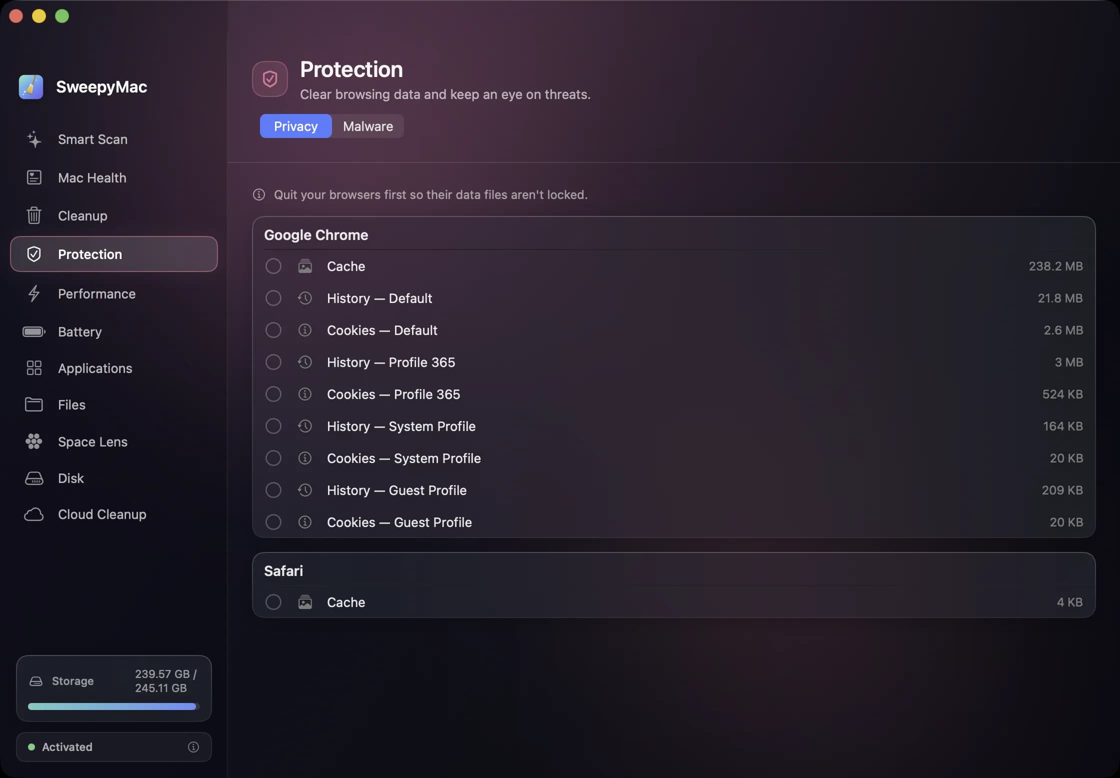 The Protection module's Privacy tab, listing Google Chrome's cache, history and cookies per profile, and Safari's cache, each with its size and an unticked circle.