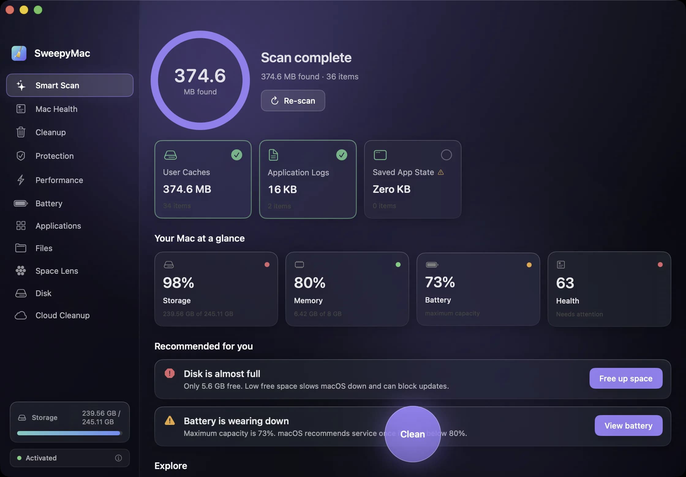 Smart Scan finished: a ring reading 374.6 MB found, cards for user caches, application logs and saved app state, a row of storage, memory, battery and health tiles, and two recommendations.