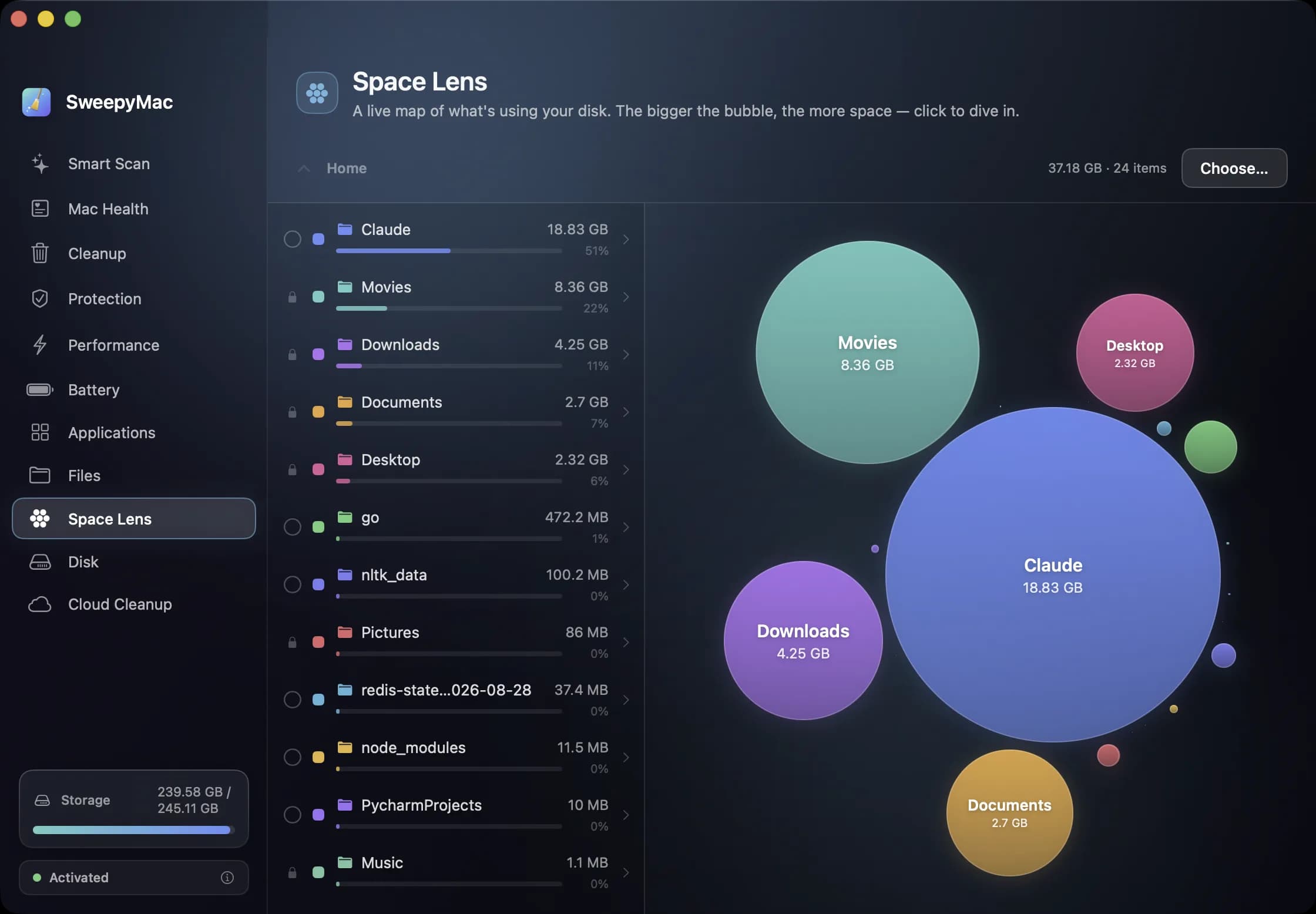 Space Lens: a bubble map of the home folder beside a list of folders with exact sizes and share-of-space percentages.